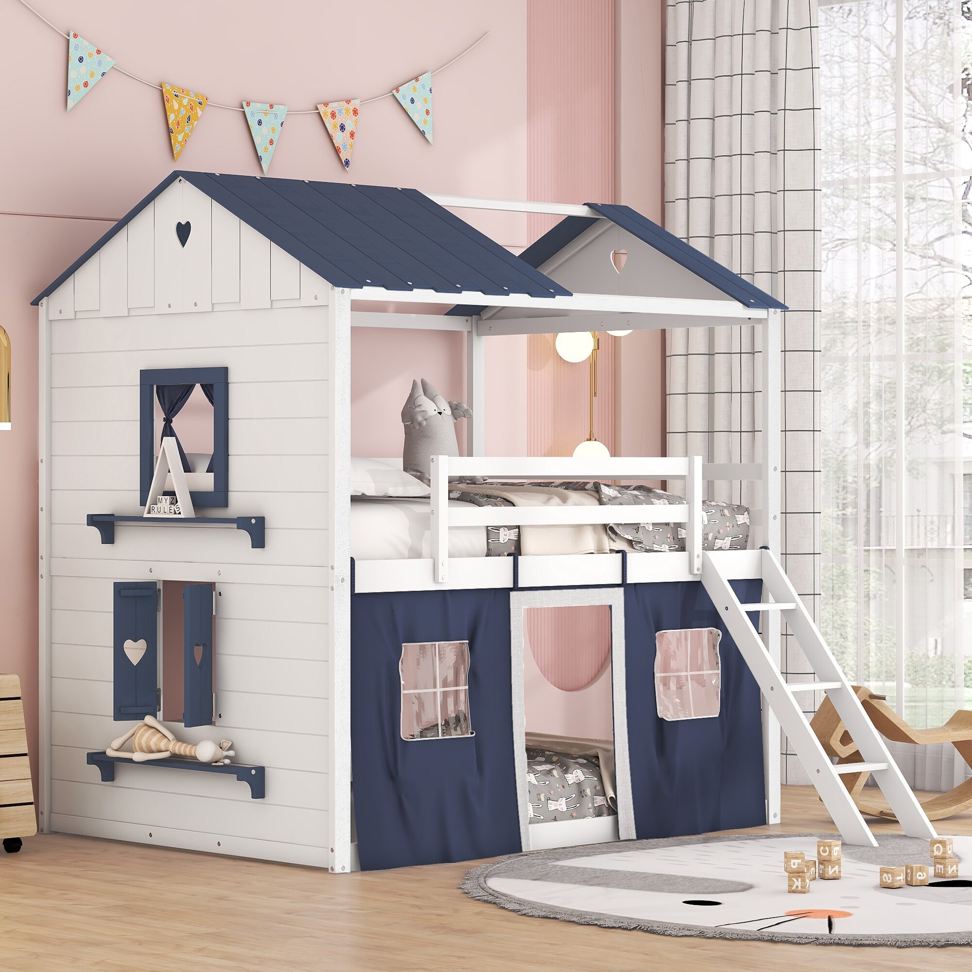 Bunk Wood House Bed Wood Sweet Heart Novelty Bunk Bed with Windows Sills and Tent House Bunk Beds for Girls Boys White Blue Full